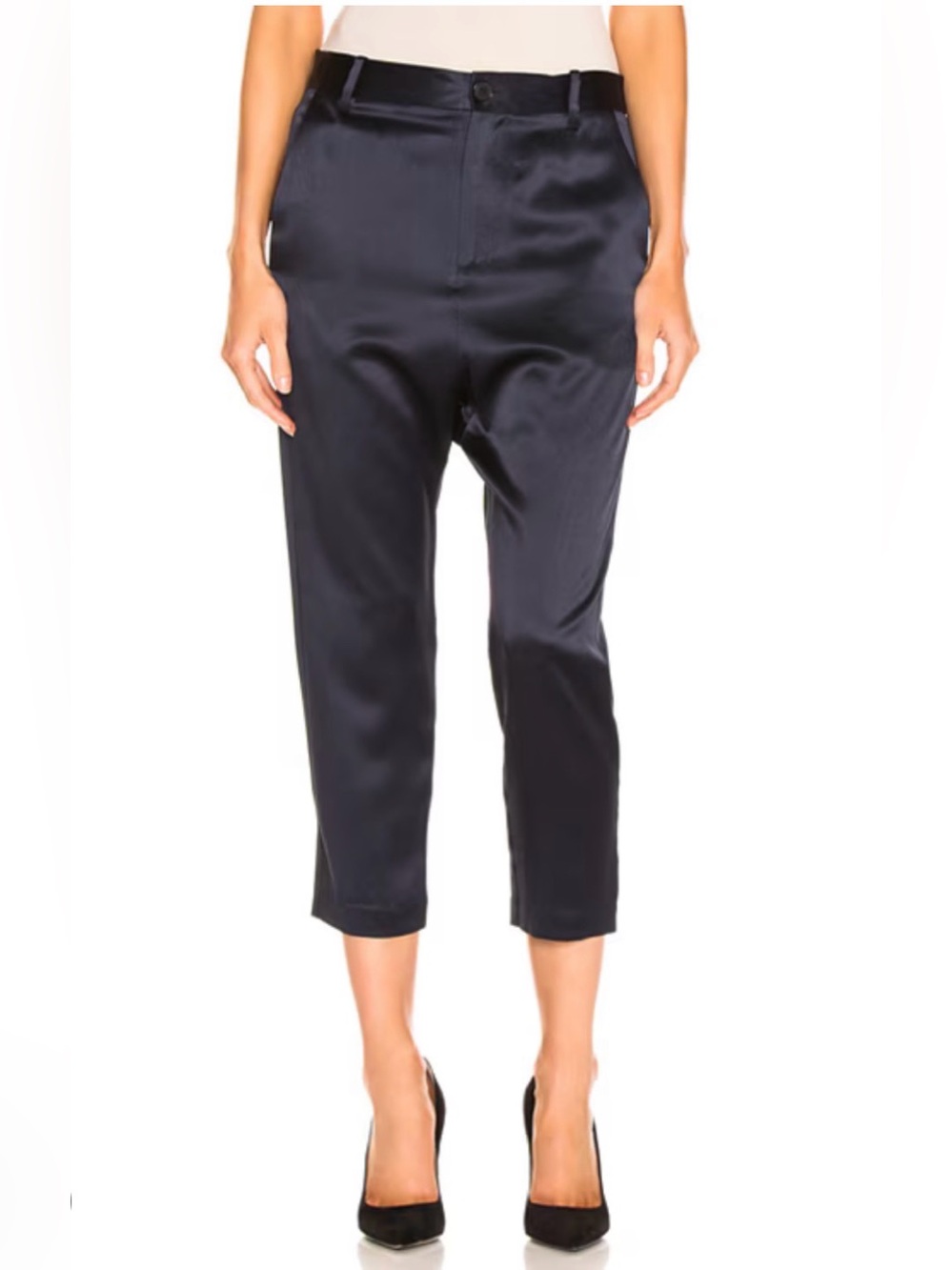 Nili Lotan Silk Paris Pant Dark Navy Size 4 Drop Crotch Crop Quiet Luxury